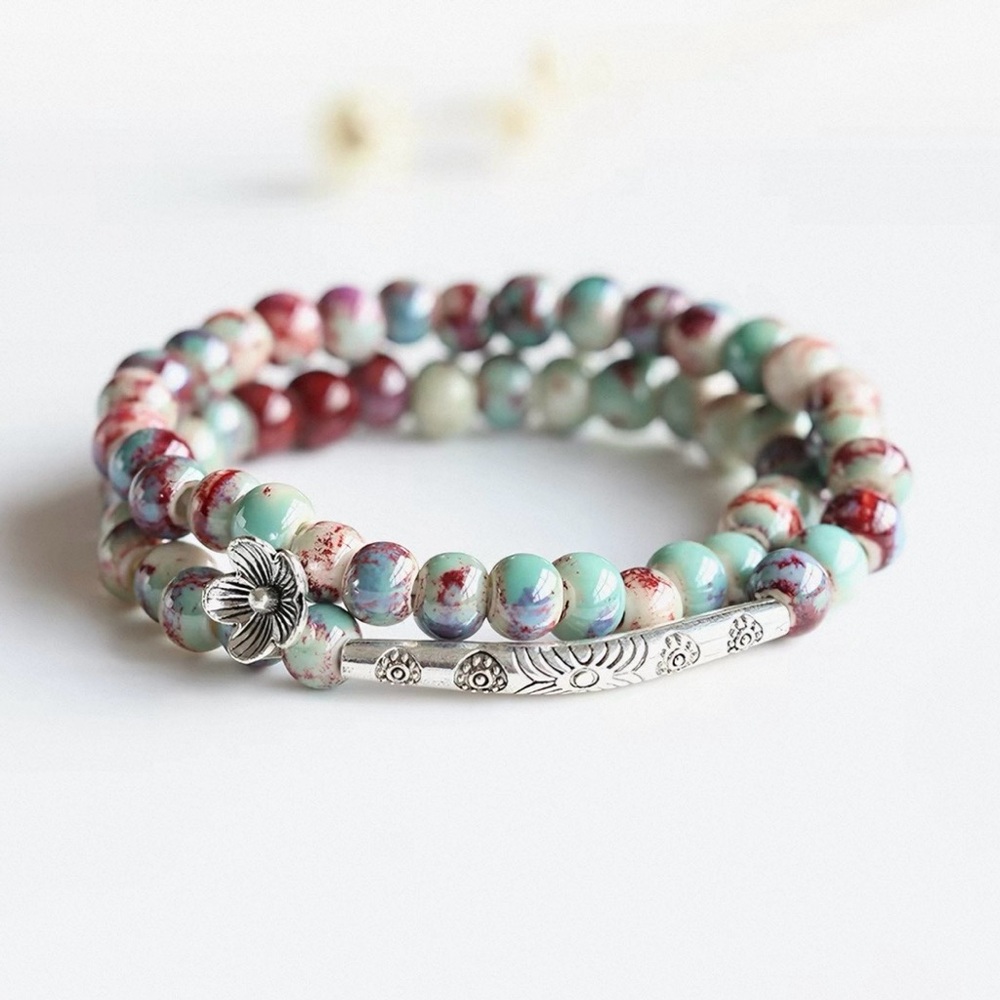 Turquoise & Burgundy Floral Bead Wrap Bracelet